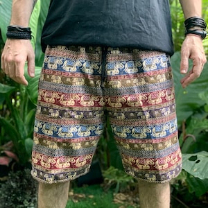 Cotton Shorts Hippie Boho festival for Men Elephant tribal Summer Style Beach Burning man Earth tone Aztec Ikat Native Bohemian hipster gift