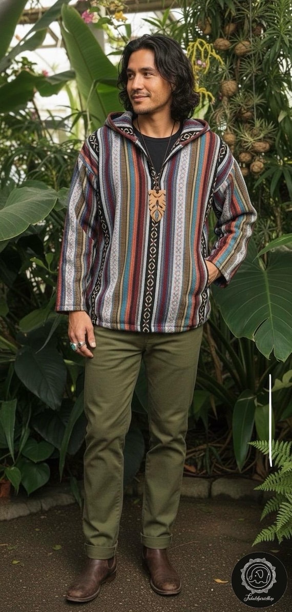 Bohemian Hoodie Jacket Striped Southwest festival fashion Nomadic Hippie Boho Mexican Aztec Ikat style for Unisex men women Gift cotton cool