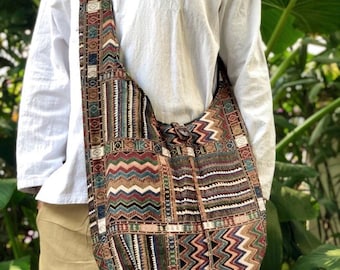 Crossbody bag Cotton Tribal Boho Bag Sling bag Hippies Ikat Aztec Nomadic style Tote Hand woven Nepali neural fabric men women gift niche