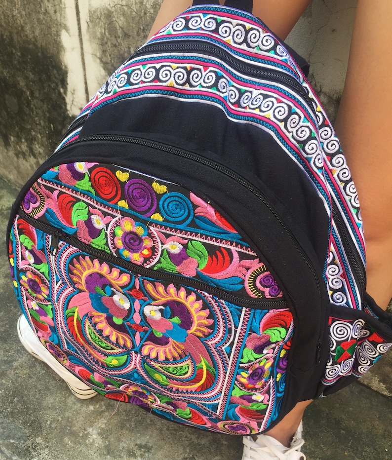 Boho Backpack Trippy Embroidered Hippie Retro Hmong Flower Etsy