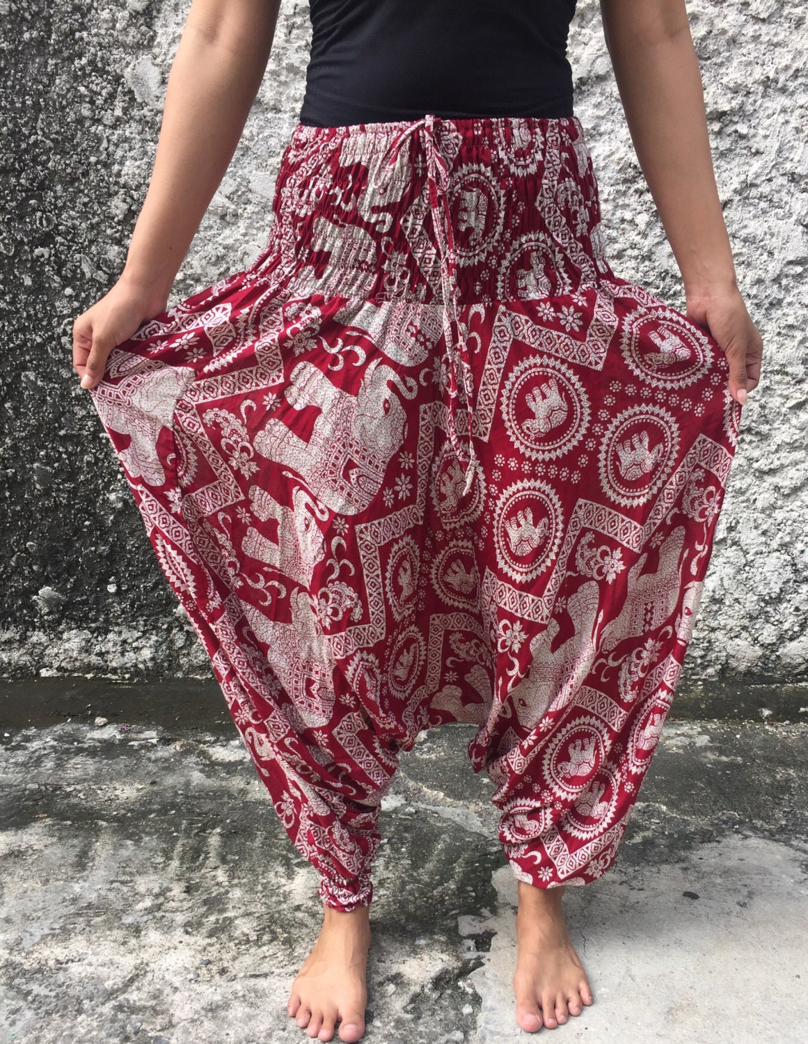 Red Harem Genie Pants Drop Crotch Style Elephants Print Fabric