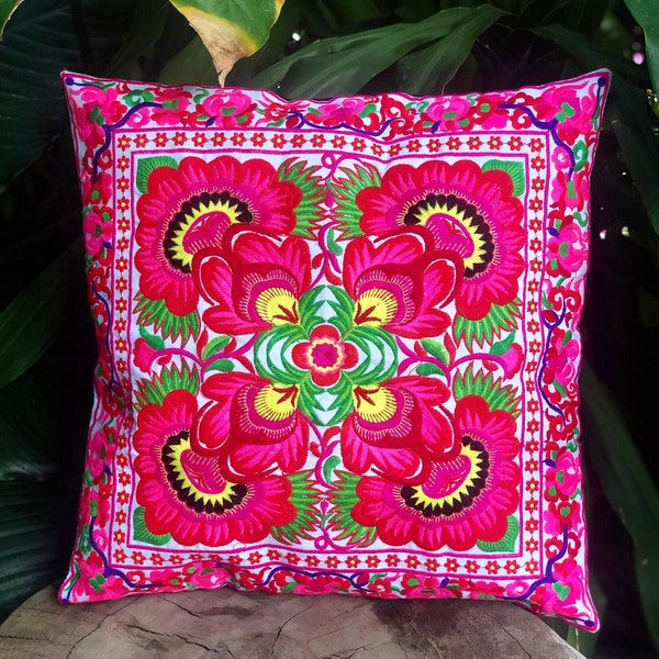 Colorful Boho Embroidered Flowers Mexican style Hmong Pillow cover case cushion Hill tribe hippie gypsy bohemian Home bed decor unique gift