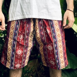 Festival Shorts Aztec outfit Burning man Fair Isle Geometric Bohemian fashion Street men Summer clothing Cotton unisex Ikat style Men red