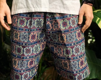 Blue Cotton Ethnic Shorts outfit Burning man Geometric Bohemian fashion Street men colorful Summer Natural linen clothing Nomadic style Men