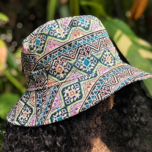 Ethnic Bucket Hat boho Style Tribal Bohemian Ikat Aztec design Hipster Roll brim hat Festival outfit Cotton Canvas hat gift men women