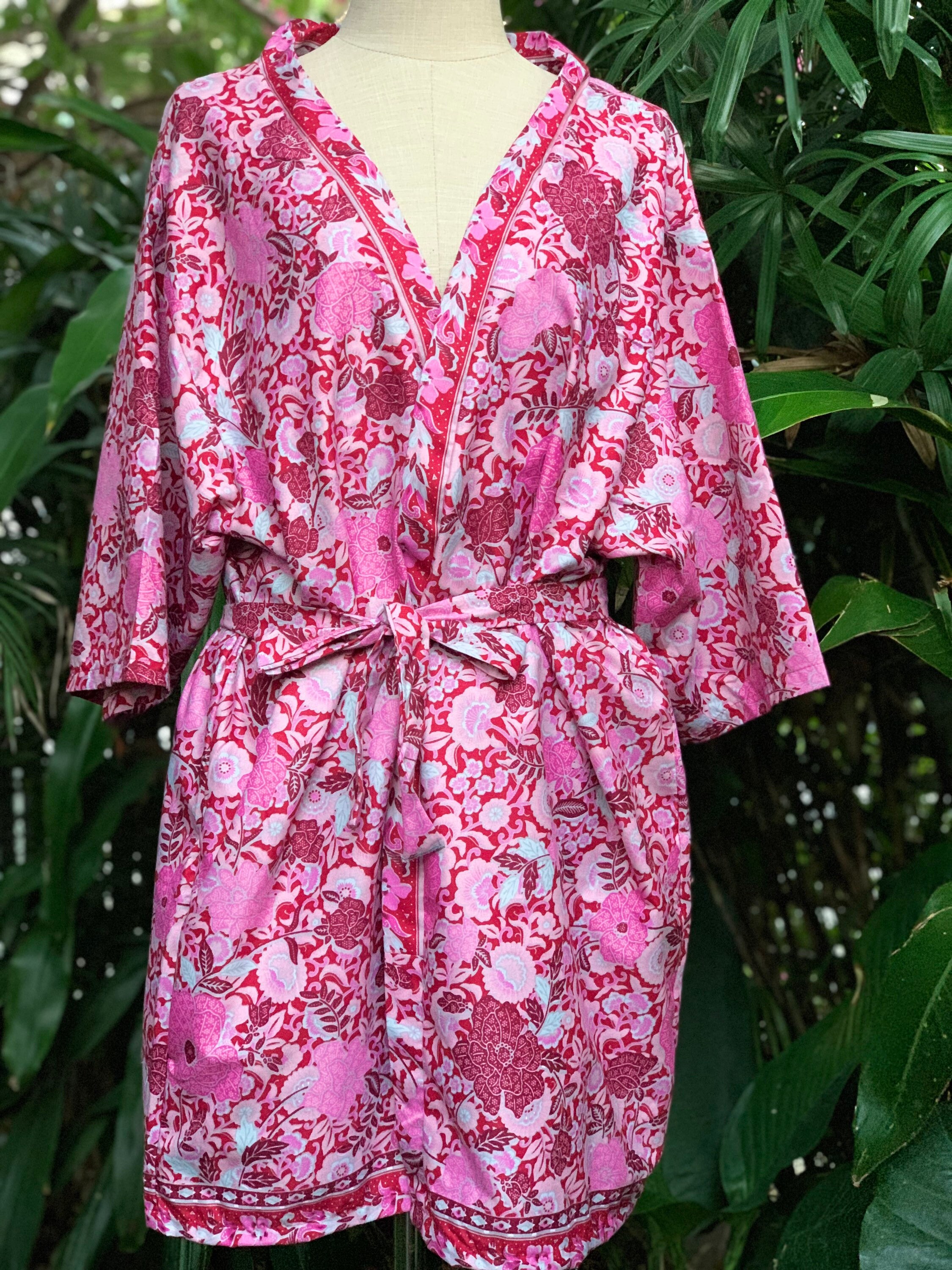 Pink Floral Batik Kimono Robe - Cotton Japanese Yukata Style - Etsy