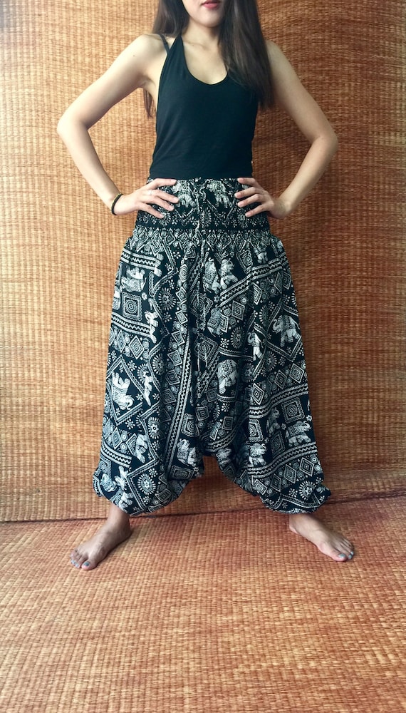 Harem Pants Elephant Print Drop Crotch Genie Aladdin Samurai