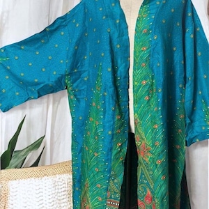 Cardigã quimono pavão, estilo hippie, oversized, cigano, boho, tribal, zen, vestido, top, saída de praia, presente de verão, tamanhos grandes, feminino e masculino. 99