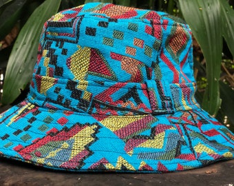 Aztec Colorful boho Bucket Hat Stylish ikat design Hipster hat men women Hippie Festival Canvas Cotton hat handmade Funky gift in Blue