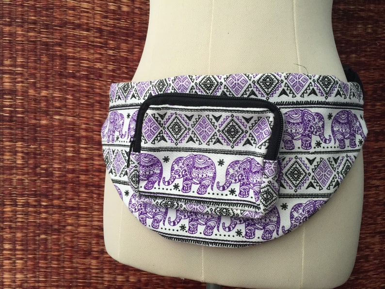 Purple Fanny pack elephants printed Hip bag Boho bum bag Sac banane Hipster Styles belt belly Pouch Travel phanny waist bags Ikat Unisex Men image 3