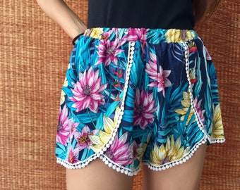 Pom Pom Shorts Boho Beach Black Floral Short Boho Chic Beach