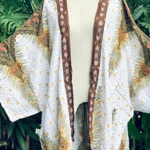 Festival Kimono Cardigan blazer Hippie Gypsy Bohemian Boho Rave outfit Peacock Paisley Top Cover Summer plus size Burning man women men gold White