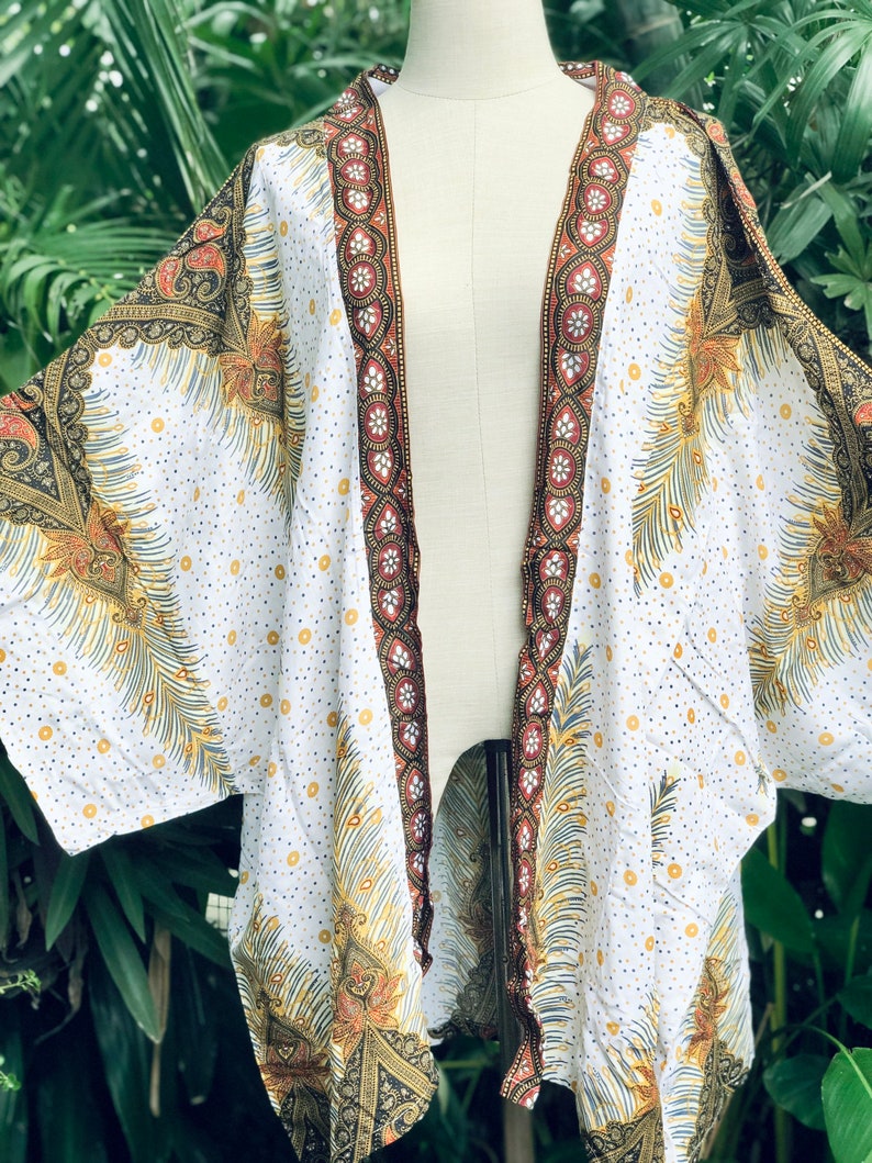 Festival Kimono Cardigan blazer Hippie Gypsy Bohemian Boho Rave outfit Peacock Paisley Top Cover Summer plus size Burning man women men gold White