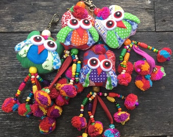 Hippie style Owl keychain Tassel Bell pompom Festival Car Decor Hanging Bag Accessories Keyring Fabric Animal doll gift for her Handmade