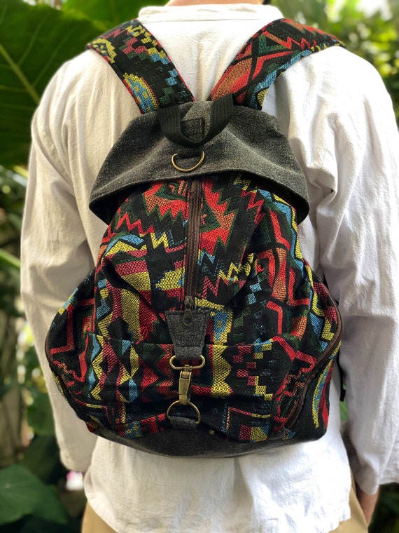 Boho‎ Aztec hippie backpack with drawstring buckles, woven tribal hippie Tribal Aztec Hippie Backpack Nepali Baja Cotton Drug Rug  main image 3