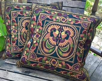 Boho Broderi Fågelmotiv Blommor Tribal Hmong Kuddfodral Örngott Handgjort Kuddfodral Hem Säng Vardagsrum Dekoration Gåva