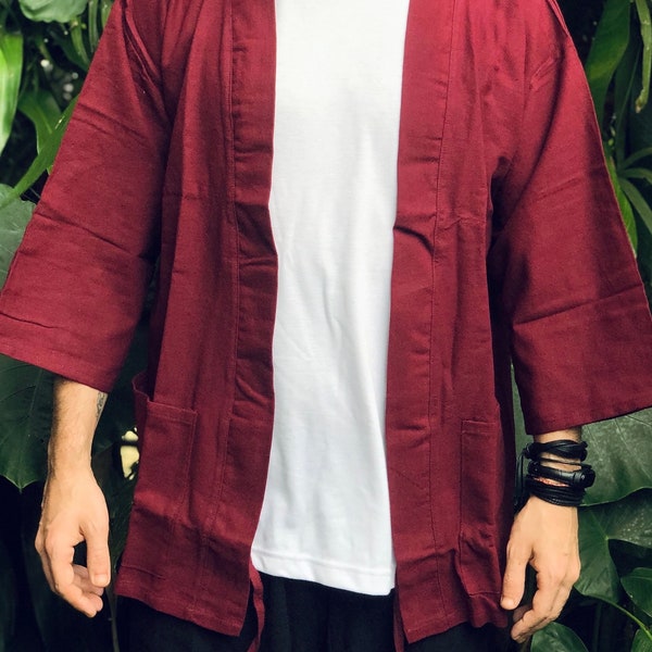 Cotton Linen Kimono Boho jacket men women Rustic jacket Blazer Festival Bohemian Street Japanese Zen style Natural Loungewear Red Maroon