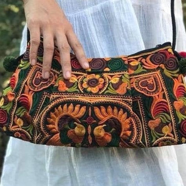 Embroidered Florals Boho Clutch Festival purse Crossbody bag Bohemian Hippie Gypsy Tribal style colorful Retro Gold Vegan gifts for lady