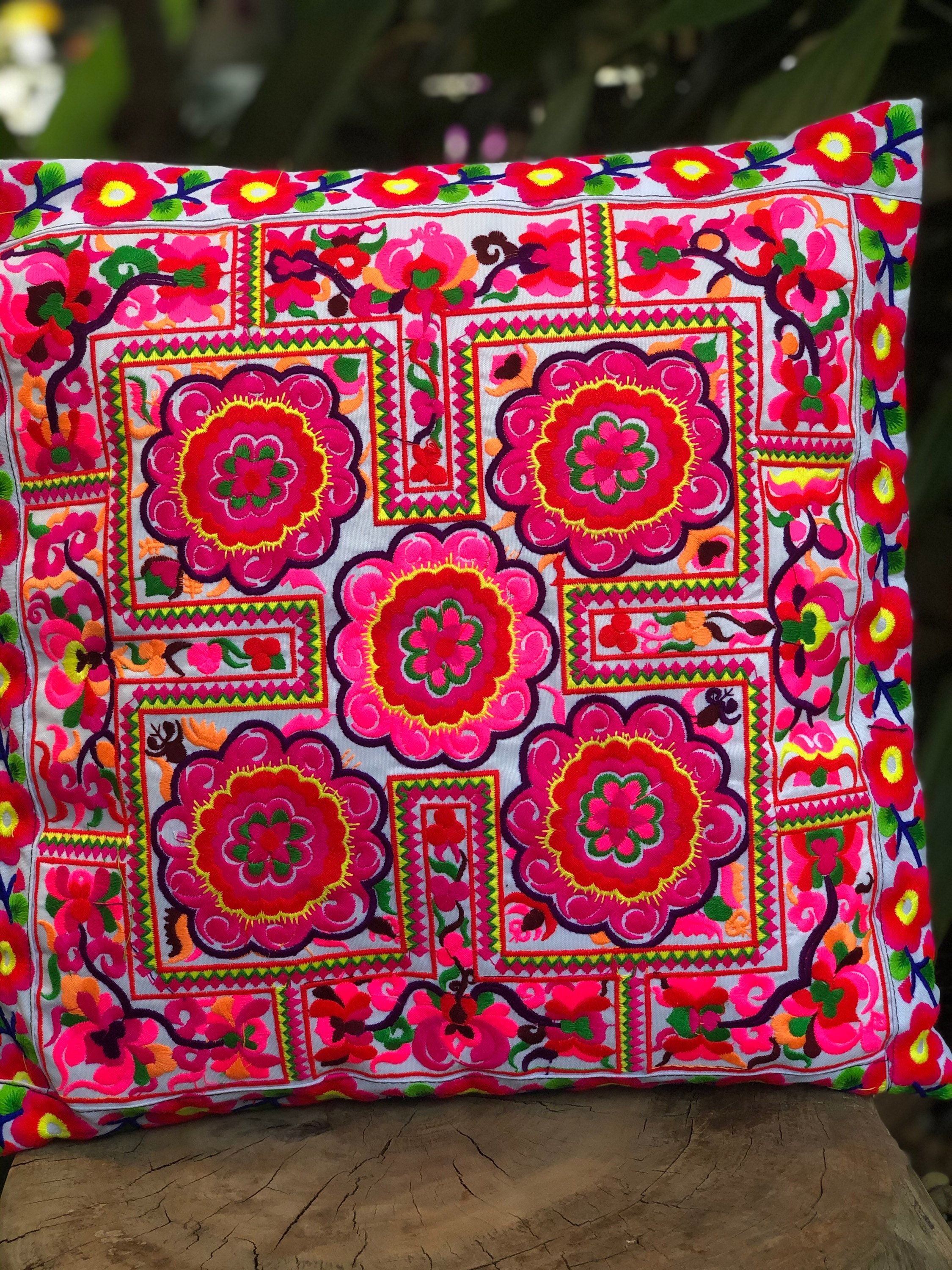 Boho Pillow Case Floral Motifs Embroidered Colorful House Etsy