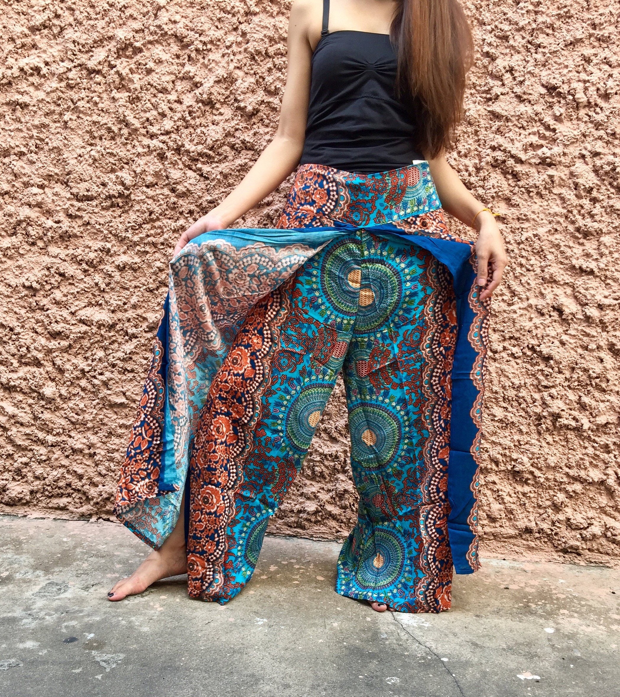Pantaloni Donna Vivicastle A Gamba Larga Stile Boho Hippie - Multicolore, Taglia S, Vita Elastica Con Nappa, Palazzo Pants