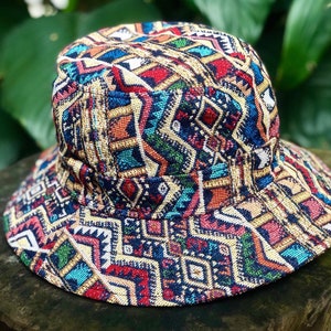 Ethnic Bucket Hat boho Style Tribal Bohemian Ikat Aztec design Hipster Roll brim hat Festival outfit Cotton Canvas hat gift men women