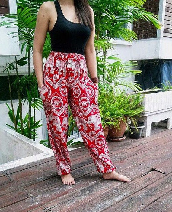 Red Boho Yoga Pants Hippies Gypsy Massage Elephants Print Beach