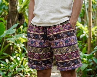 Ethnic Boho Shorts for Men Tribal Geometric Aztec Southwestern Hippie festival Gypsy Style Rave Summer Clothing Burning man Cotton Jacquard