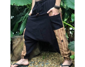 Harem Aladdin Pants Hippie Boho Festival clothes Samurai pants Mens Drop Crotch Cotton Linen yoga Low Crotch Pants  Plus size Bohemian Vegan