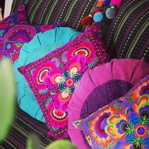 Flora Hmong Embroidered Pillow Cover Pillow case Florals Colorful Hippie cushion cover Home bed decoration unique gift for her in Pink