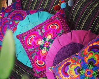 Flora Hmong Embroidered Pillow Cover Pillow case Florals Colorful Hippie cushion cover Home bed decoration unique gift for her in Pink