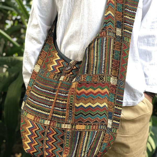 Crossbody bag Tribal Boho Bag Sling bag Hippies Ikat Aztec style Hobo Yam Tote Messager Hand woven Nepali neural fabric men women vegan gift