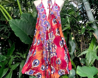 Pfau V-Ausschnitt Kleid Hippie Boho Gypsy Bunt Boho Rückenfrei Einzigartig Sexy Sommer Strand Festival Beachwear Eleganz Party für Frauen