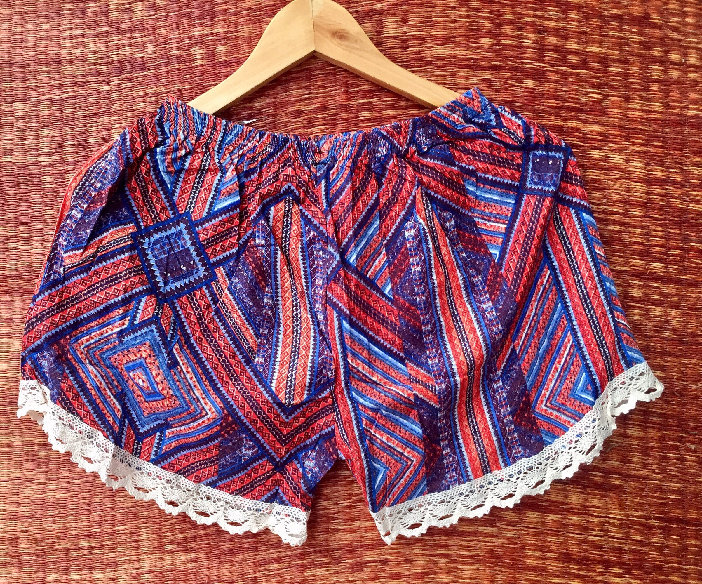 Lace Boho Shorts Elephants print fabric Clothing Aztec Ethnic | Etsy