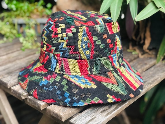 Geometric Bucket Hat Cotton Woven Hat Aztec Ikat Style Boho Hippie