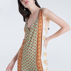 Boho Jumpsuits Strampler V-Ausschnitt Blumen Knoten Rücken Ärmellos Weites Bein Fließender Overall Stoff Hippie Boho Bunt 70er Jahre Vintage Chic Damen