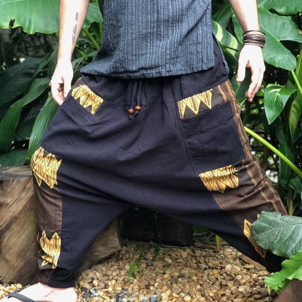 Harem Aladdin Pants Hippie Boho Festival clothes Samurai pants Mens Drop Crotch Cotton Linen yoga Low Crotch Pants  Plus size Bohemian Vegan