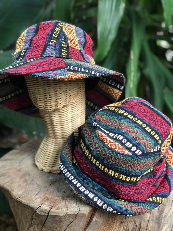 Boho Woven Bucket Hat Roll Wide Brim Hippy Bohemian Aztec Style
