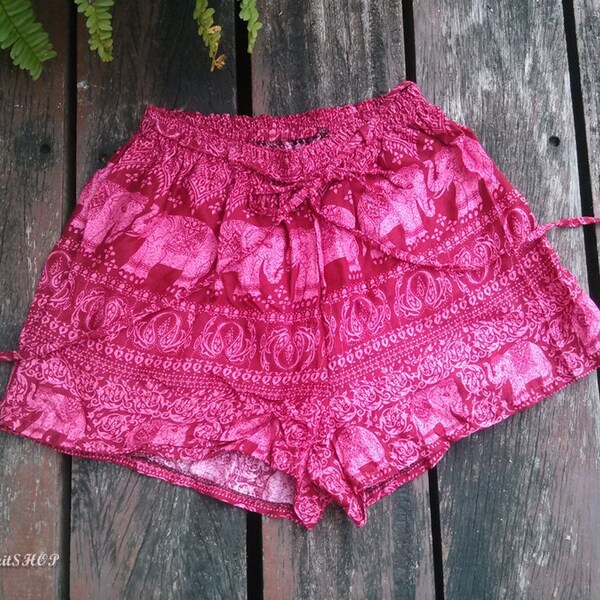 Red Summer Beach Elephants Print Cotton Shorts Pants Exotic Clothing Aztec Ethnic Boho Tribal Ikat Boxers Cute Women Gift Girl Plus Size