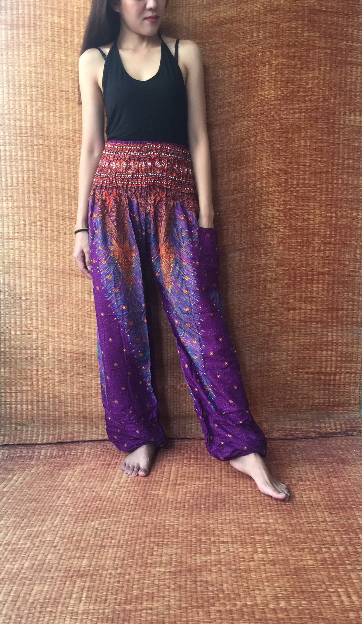 WOMEN BLACK PEACOCK Palazzo Pants Petite to Plus Size's Hippie Style Clothes  Wide Leg Pants boho Pants Comfy Summer Thai Yoga Pants 