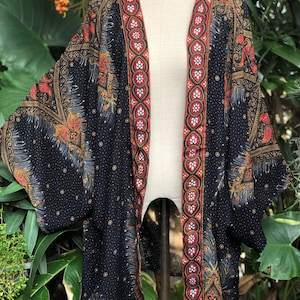 Festival Kimono Cardigan blazer Hippie Gypsy Bohemian Boho Rave outfit Peacock Paisley Top Cover Summer plus size Burning man women men gold Black