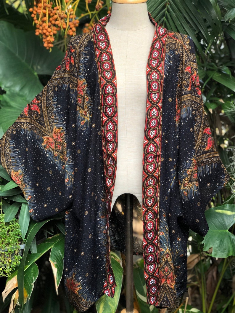 Festival Kimono Cardigan blazer Hippie Gypsy Bohemian Boho Rave outfit Peacock Paisley Top Cover Summer plus size Burning man women men gold Black