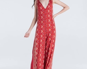 Women Boho Jumpsuits Rompers V neck Floral Knot Back Sleeveless Wide Leg Flowy Jumpsuit Fabric Hippie Bohemian Colorful 70s Vintage Chic