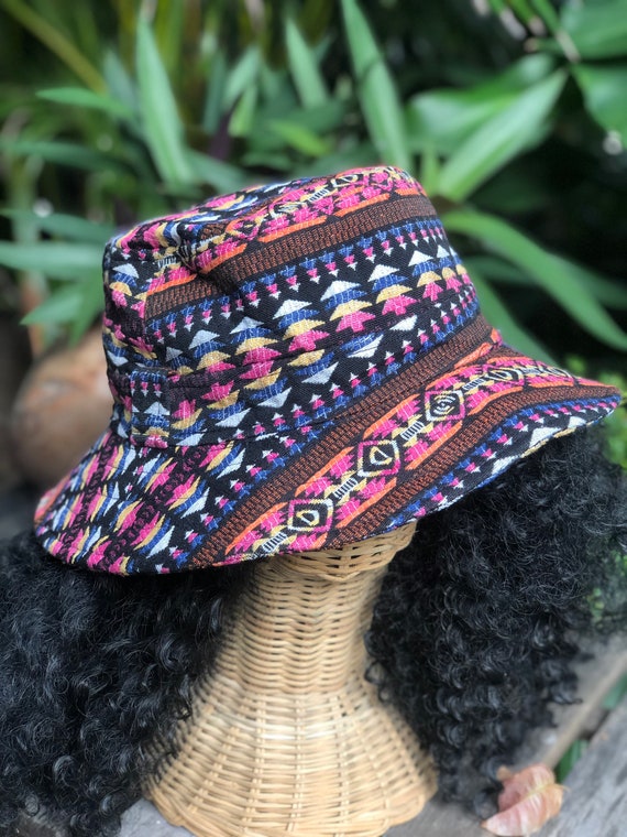 Fishing Hat Bucket Hat Aztec Native Tribal Ethnic Design Men Women Hippie Festival Outfit Jacquard Cotton Round Hat Handmade Funky Gift