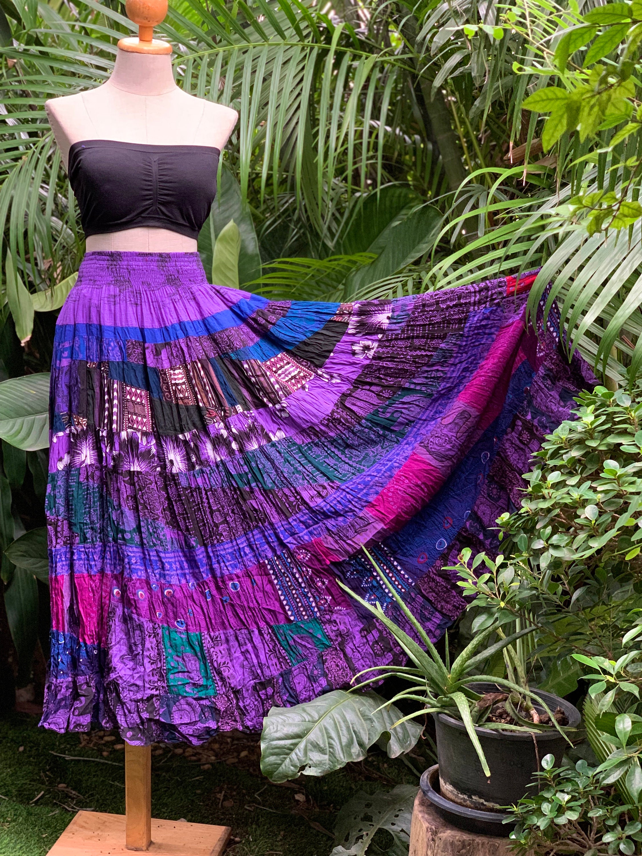 Midi Skirt Tie Dye Hippie Skirt Purple Patchwork Maxi Skirt Dress