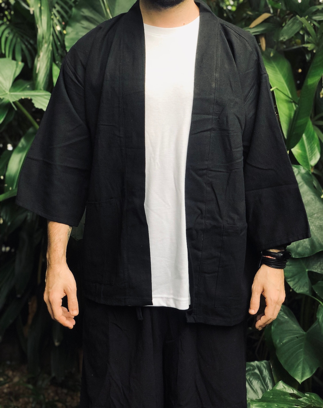 Black Cotton Linen Kimono Boho Jacket Men Women Rustic Jacket Blazer