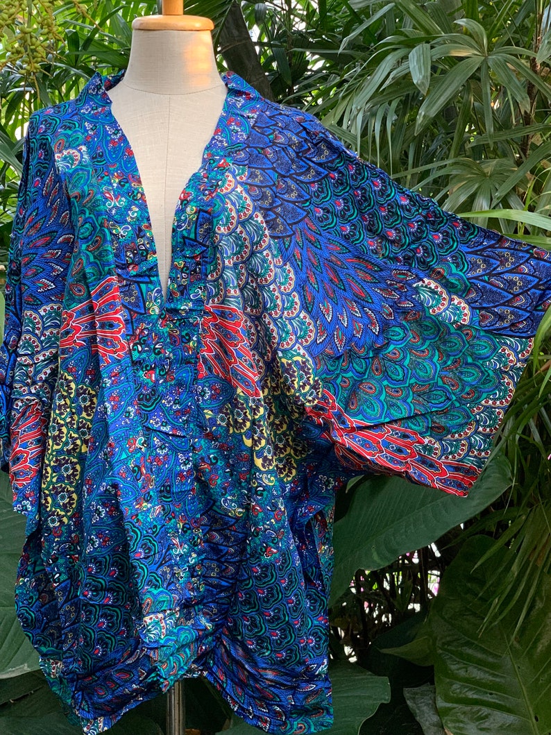 Purple Peacock Boho Kimono Cardigan Hippie Oversize Gypsy Bohemian Tribal style colorful Rave Music festival outfit Summer plus size women Blue