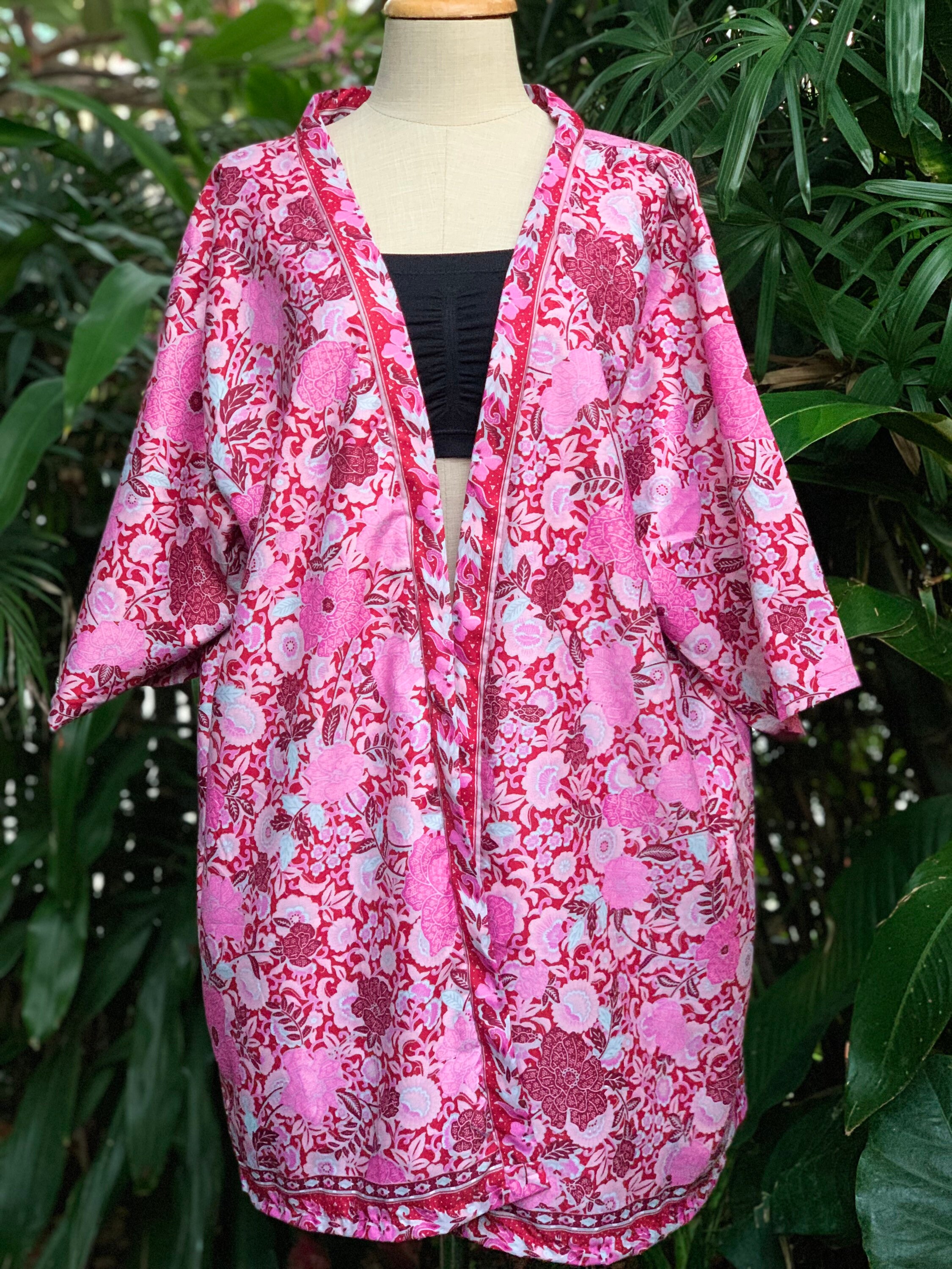 Pink Floral Batik Kimono Robe - Cotton Japanese Yukata Style - Etsy