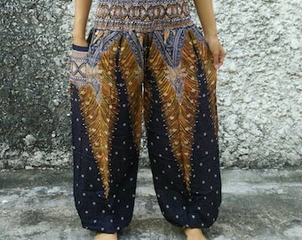 Haremshose aus Viskose mit Pfauenprint im Boho Festival Style