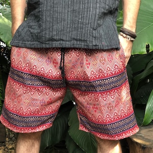 Red Jacquard Cotton Shorts Red Aztec Ethnic Hippie Boho festival Hipster men Bohemian Unique Style Beach Summer Burning man Street outfit