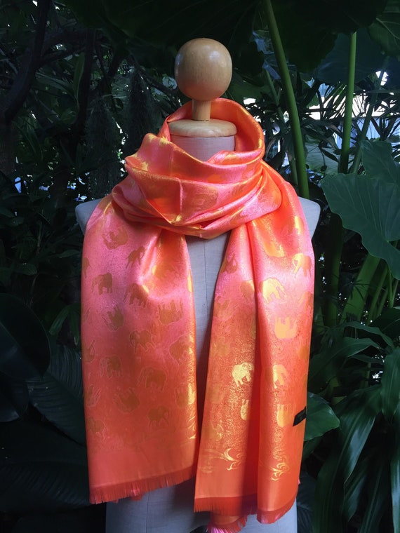 Orange Thai Silk Scarf Shawl Elephant Headband Turban Boho Elegant